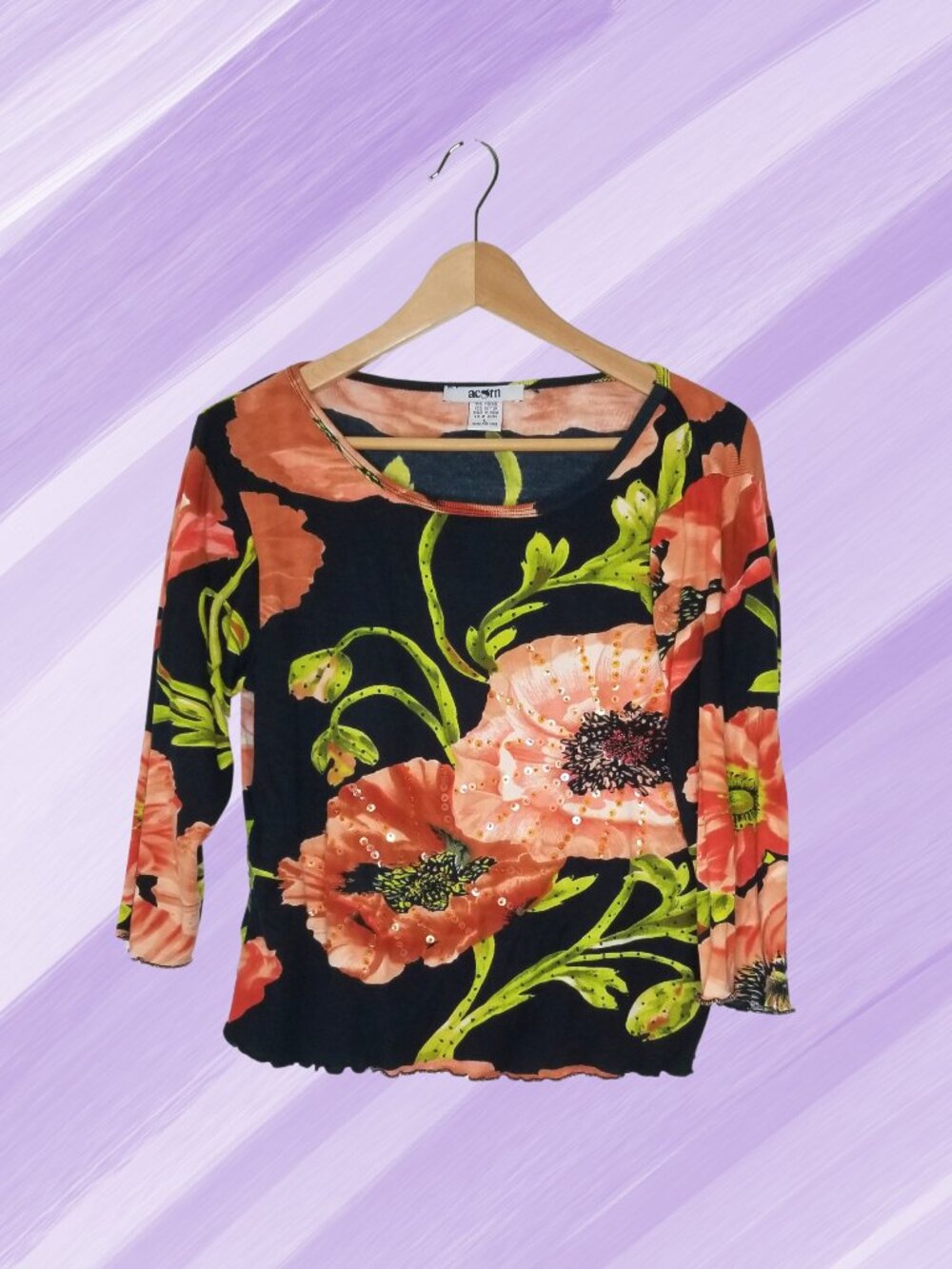 Acorn Floral Poppies Pattern Tee with Sequins & Beading, Large
